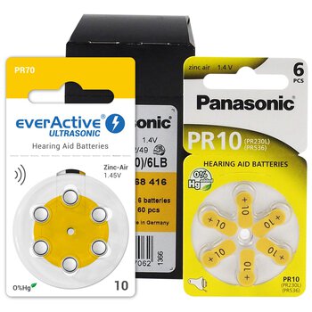 60 x baterie do aparatów słuchowych Panasonic 10 / PR10 / PR230L / PR536 / PR70 + 6 x everActive ULTRASONIC 10