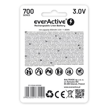 Akumulator everActive 16340 3V Li-ion 700mAh micro USB z zabezpieczeniem