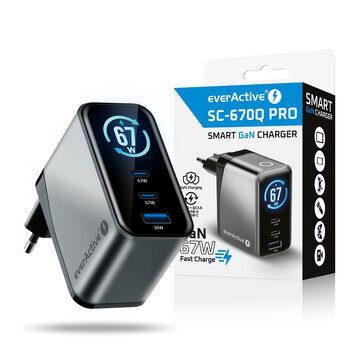 Ładowarka sieciowa everActive GaN LCD SC-670Q PRO z gniazdem USB oraz 2x USB-C PD PPS QC4+ 67W Ładowarka sieciowa everActive GaN LCD SC-670Q PRO z gniazdem USB oraz 2x USB-C PD PPS QC4+ 67W