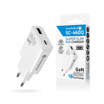 Ładowarka sieciowa everActive GaN SUPER SLIM SC-460Q z gniazdem USB QC3.0 oraz USB-C PD 45W Ładowarka sieciowa everActive GaN SUPER SLIM SC-460Q z gniazdem USB QC3.0 oraz USB-C PD 45W