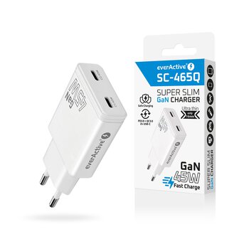 Ładowarka sieciowa everActive GaN SUPER SLIM SC-465Q z dwoma gniazdami USB-C PD 45W Ładowarka sieciowa everActive GaN SUPER SLIM SC-465Q z dwoma gniazdami USB-C PD 45W