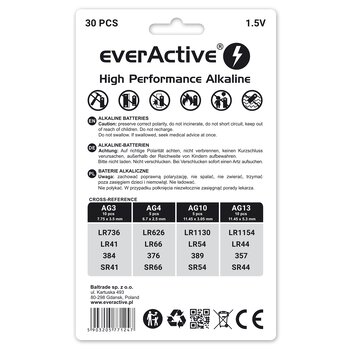 zestaw 30 sztuk baterii alkalicznych mini everActive 10 x G3 / LR41, 5 x G4 / LR626, 5 x G10 / LR1130, 10 x G13 / LR1154