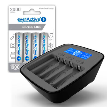 ZESTAW Ładowarka akumulatorków Ni-MH everActive NC-1000M v2 + 4x akum AA / R6 everActive Ni-MH 2000mAh R2U ZESTAW Ładowarka akumulatorków Ni-MH everActive NC-1000M v2 + 4x akum AA / R6 everActive Ni-MH 2000mAh R2U