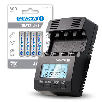 ZESTAW Ładowarka akumulatorków Ni-MH everActive NC-3000 + 4x akumulatorki everActive R03/AAA Ni-MH 800 mAh