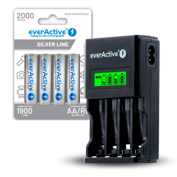 ZESTAW Ładowarka akumulatorków Ni-MH everActive NC-450 Black Edition + 4x akumulatorki everActive LR6/AA Ni-MH 2000 mAh